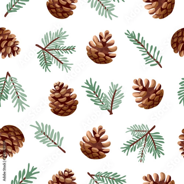 Obraz Seamless pattern with pine cones and branches. Christmas pattern for packaging, textile and printing. Vector illustration on isolated background.