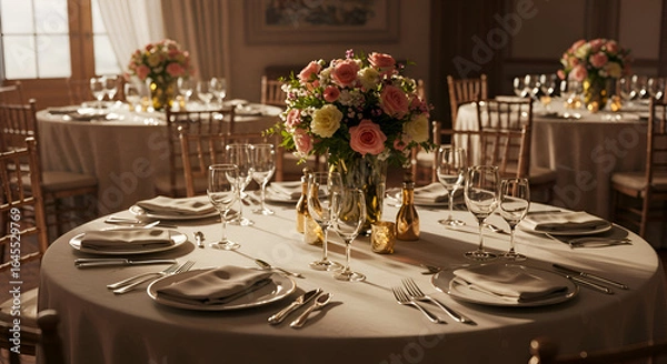 Fototapeta Elegant round tables set with pastel flowers, fine china, and glassware. A sophisticated, beautifully set banquet hall with softly lit, detailed, and meticulously arranged tables.