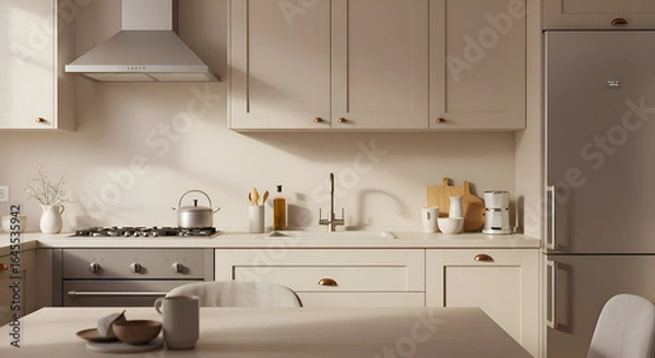 Fototapeta Modern beige kitchen with minimalist details, showcasing a spacious design. Empty kitchen space with minimalist style appliances, and warm, neutral colors, perfect for a homeowner in a modern home.