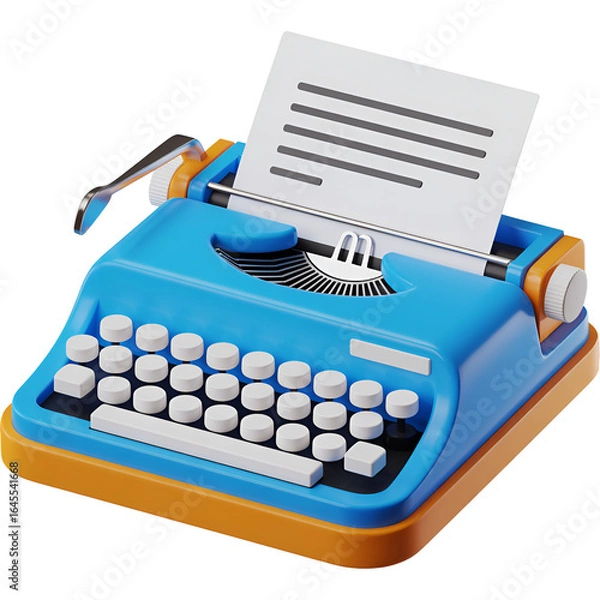 Fototapeta Vintage typewriter icon 3D blue typewriter with paper  

