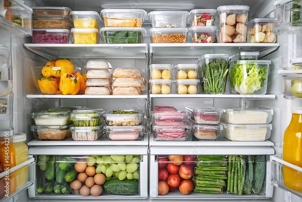Fototapeta Organized refrigerator shelves filled with various food items in clear containers, showcasing a clean and healthy lifestyle.
