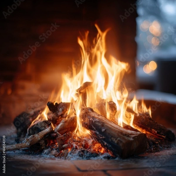 Fototapeta Cozy Fireplace Ambiance: A close-up of a roaring fireplace, radiating warmth and tranquility, showcasing vibrant flames dancing around crackling logs.