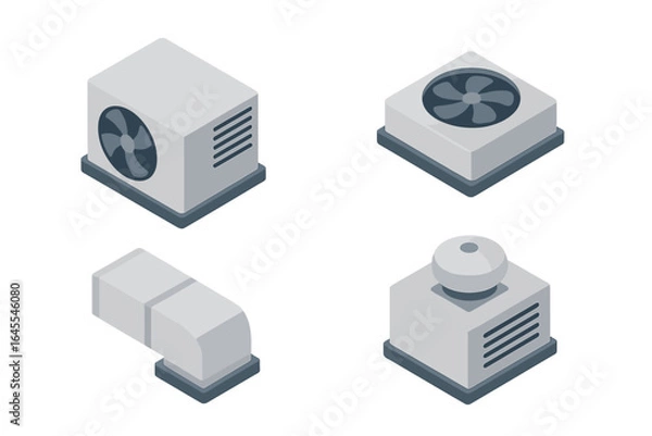 Obraz Rooftop HVAC system isometric icon set. Air conditioning unit, ventilation fan, industrial exhaust, and ductwork. Flat design vector illustration for building services.