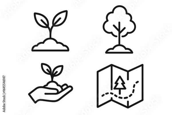 Fototapeta Reforestation line icon set. Concepts for planting, conservation, growth. Seedling, sapling, tree, hand with plant, forestry map. Ecology, environment vector symbol.
