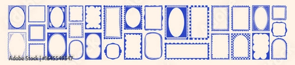 Fototapeta Doodle frame set, vector hand drawn stamp border, vintage abstract wavy post stamp simple design. Blue decorative rectangle label, empty banner shape collection. Coastal retro postmark doodle frame