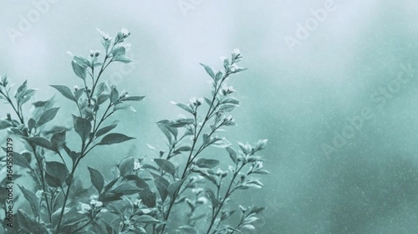 Fototapeta Delicate green branches adorned with small white flowers against a soft, dreamy background.