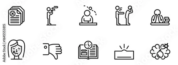 Fototapeta Collection of ten minimalist line icons depicting negative emotions, stress, failure, conflict, and deadlines; perfect for website design, app interfaces, or presentations.