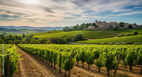 Fototapeta A vineyard with rows of grape vines leading to a town on a hill under a cloudy sky in the countryside
