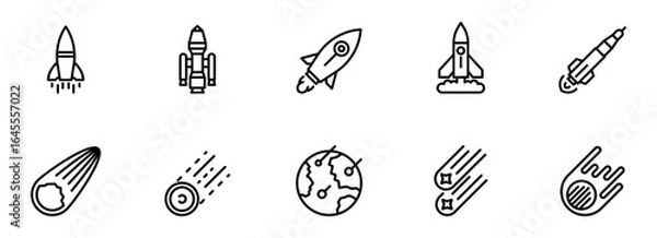 Fototapeta Space Exploration: A Collection of Ten Bold Line Art Rocket and Meteor Icons for Modern Designs.