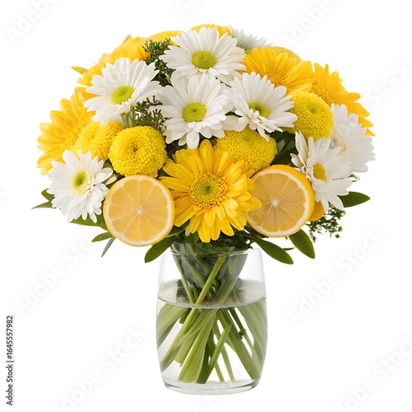 Fototapeta Sunny Citrus Bouquet, A bright and cheerful arrangement of yellow daisies, white daisies, and sliced lemons in a transparent glass vase filled with water, on transparent background