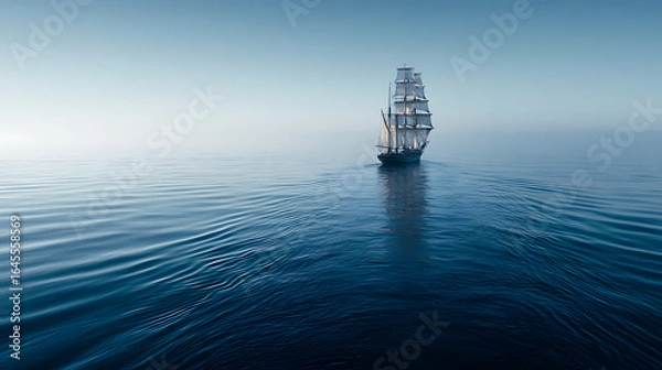 Fototapeta A single ship sailing across a calm sea toward the distant horizon (1)