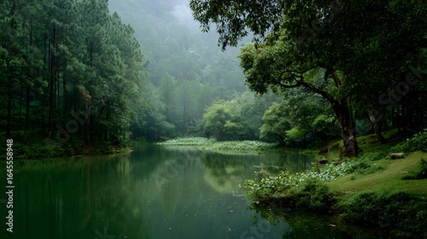 Fototapeta A serene and tranquil lake surrounded by a dense green forest (3)