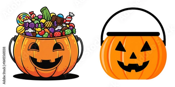 Obraz Halloween pumpkin bucket overflowing with colorful candies isolated on transparent background