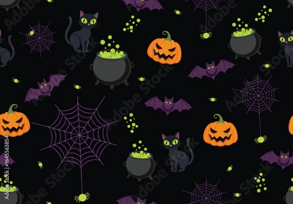 Fototapeta Vector halloween night pattern featuring black cats, carved pumpkins, bubbling cauldrons, purple bats, spider webs, and neon green spiders on a dark background