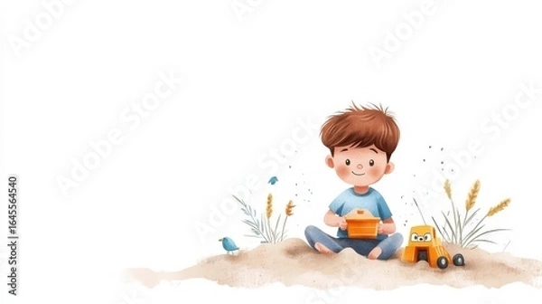 Fototapeta Cheerful Boy Playing with Toy Truck on Sandy Ground Surrounded by Simple Nature Elements