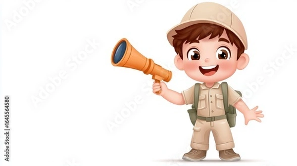 Fototapeta Playful Child Explorer with Telescope in Safari Outfit on Bright White Background