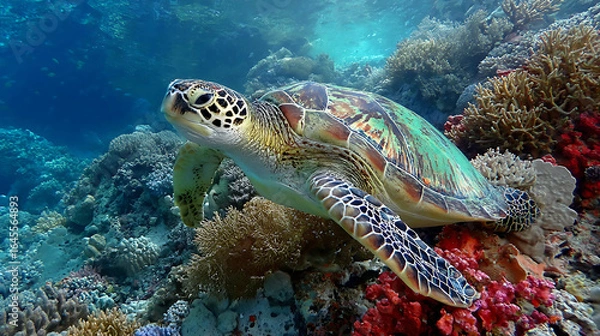 Obraz A green sea turtle drifting close to the vibrant coral reef scene (3)