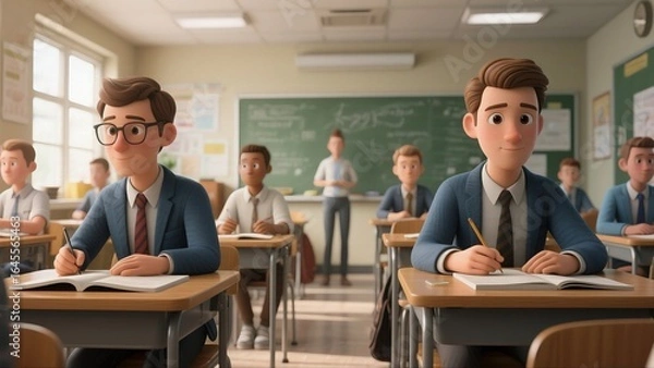 Fototapeta 3D Animation - Style Scene of Students Attending Class in Campus Classroom, for Education Promotion, Campus Culture Creation, Animation Materials