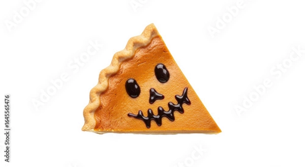 Fototapeta A single slice of pumpkin pie decorated with a spooky face for Halloween.