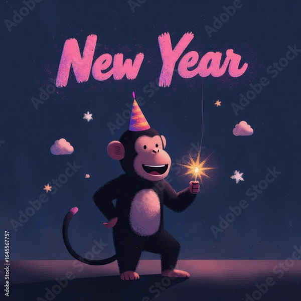 Fototapeta Monkey Celebrates New Year with Sparklers