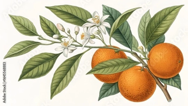 Fototapeta Botanical Illustration Orange Branch with Blossoms, Watercolor Painting, Citrus Fruit, Vintage, Nature, Still Life. Botanical art, citrus