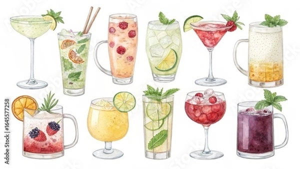 Fototapeta Watercolor Cocktail Collection 10 Summer Drinks, Glassware, Fresh Ingredients, Beverage, Mixed Drinks Cocktail recipes, summer drinks