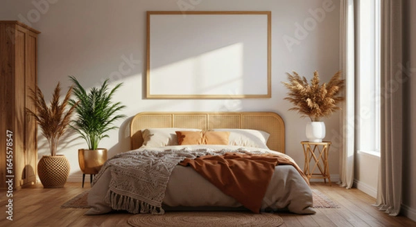 Fototapeta Bohemian Bedroom Oasis: Rattan Headboard, Cozy Bedding, Natural Light & Pampas Grass Decor - Serene & Stylish Home Interior