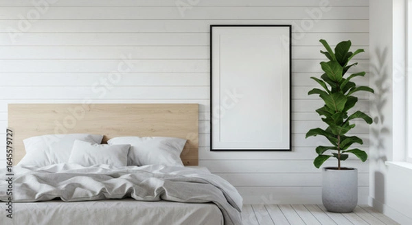 Fototapeta Modern Bedroom Interior with Fiddle Leaf Fig Plant and Minimalist Design - Cozy, Bright, and Stylish Home Decor