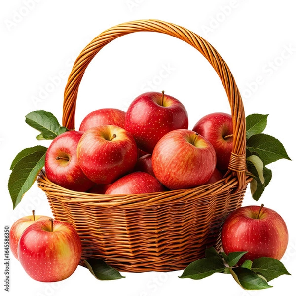 Fototapeta Freshly picked red apples with green foliage in a wicker basket isolated on transparent background in png format