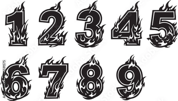 Fototapeta Bold black flame numbers set, 1 to 9, stylized in a modern tattoo-inspired vector design. Each number is decorated with dynamic flame elements, creating a striking, high-contrast appearance perfect fo