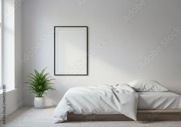 Fototapeta Minimalist Bedroom with White Bedding, Plant, and Blank Frame on a Light Wall - Modern Interior Design
