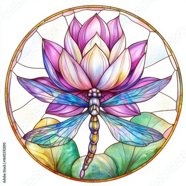 Obraz Watercolor Dragonfly and Lotus Flower Mandala