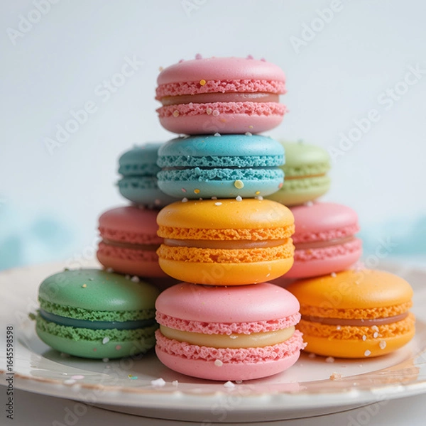 Obraz Stack of Colorful Macarons with Sprinkles on White Plate