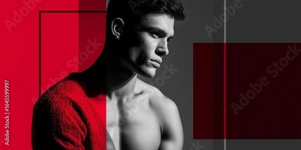 Fototapeta Side-profile portrait with red and geometric accents