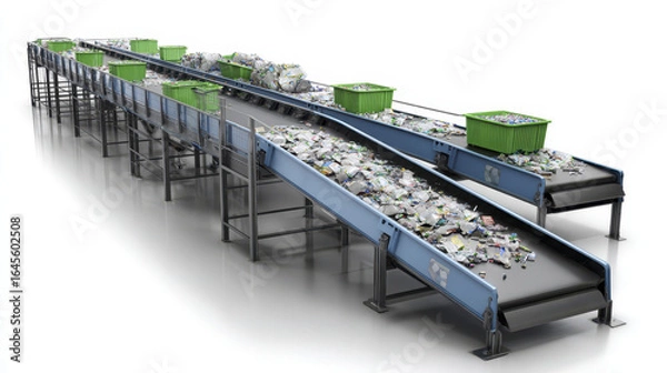 Fototapeta Recycling process conveyor belt with sorted plastic bottles and containers moving along industrial sorting line for waste management and environmental care