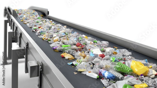 Fototapeta Plastic bottle recycling conveyor belt with mixed waste materials in sorting facility, showing colorful crushed containers and environmental cleanup effort
