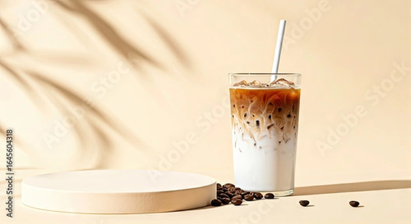 Fototapeta Iced Latte in Glass with Coffee Beans on Cream Background