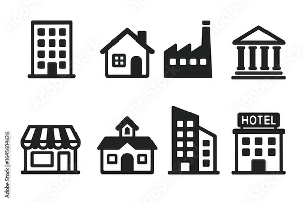 Fototapeta Simple building icon set. Black glyph collection of city architecture. Vector real estate symbols: house, hotel, factory, bank, store, school, office pictogram set.