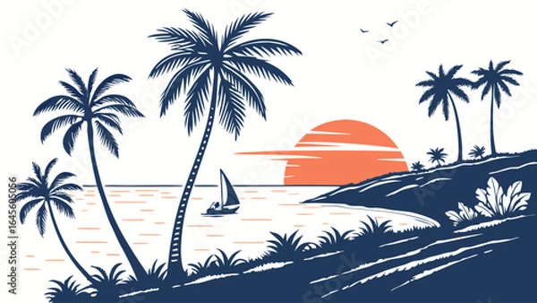 Obraz Serene Tropical Beach Paradise at Sunset with Palm Trees and Sailboat