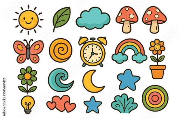 Fototapeta Cute cartoon doodle icon set. Collection of whimsical stickers featuring sun, rainbow, flower, mushroom, butterfly, clock and leaf. Nature, weather, time and abstract symbols.