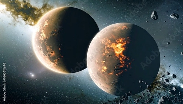 Fototapeta planets crashing the beginning of the universe concept