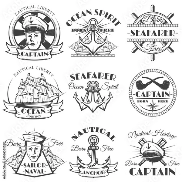 Obraz Sailor naval vector vintage label, badge, or emblem in monochrome style.