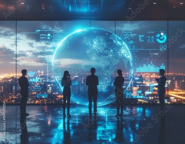 Obraz AI-Powered Global Business Management with Holographic Globe – Vector Illustration