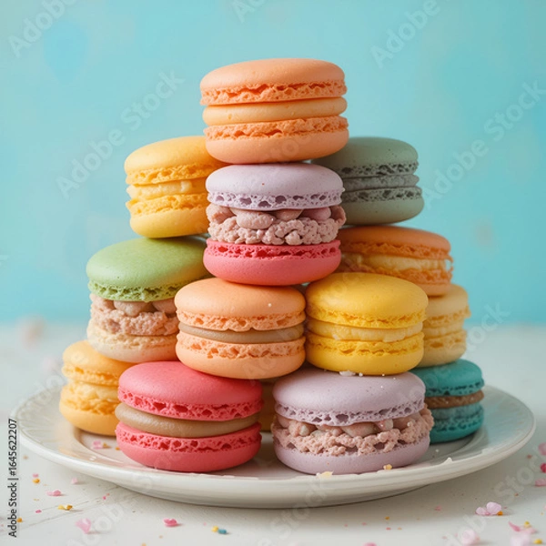 Obraz Colorful Assorted Macarons Stacked on White Plate