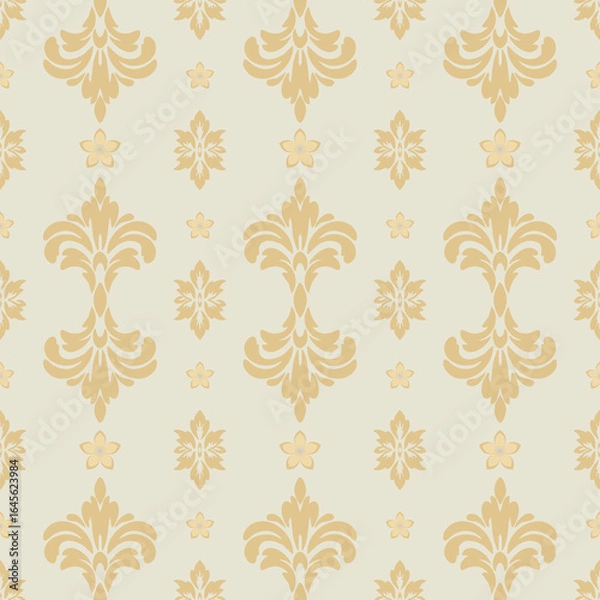 Fototapeta Seamless golden damask pattern on cream background, elegant ornamental floral design for wallpaper, textiles, and luxury home decor.