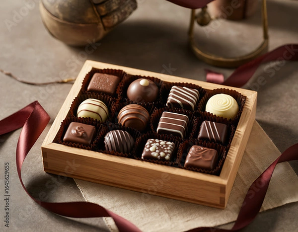 Fototapeta Assortment of gourmet chocolates in a wooden box with satin ribbons