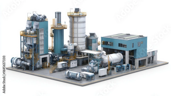 Fototapeta Waste treatment facility with industrial processing equipment and storage tanks, featuring blue and gray structures with yellow railings in clean, organized layout