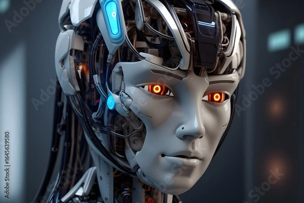 Obraz Futuristic robot with glowing eyes gazing forward, blending technology and humanity with its modern design