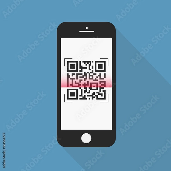 Obraz Flash Design with long shadow the smart phone with  QR code  on screen. The concept is QR code Scan on Smart Phone ,vector design Element illustration