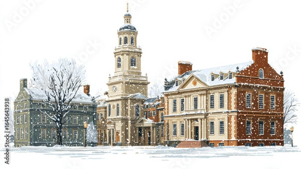 Fototapeta Snowfall historic building winter cityscape with clock tower and bare trees in cold season landscape
